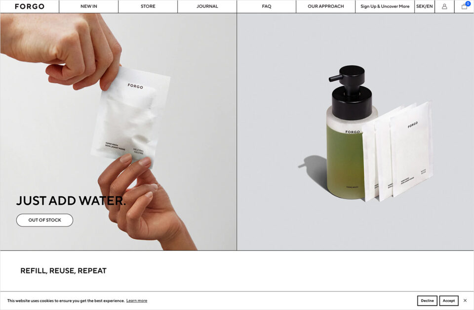 FORGO | Hand wash Refills Reinvented – FORGO waterless personal careウェブサイトの画面キャプチャ画像