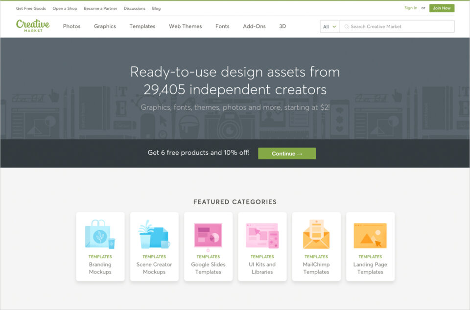 Fonts, Graphics, Themes and More ~ Creative Marketウェブサイトの画面キャプチャ画像