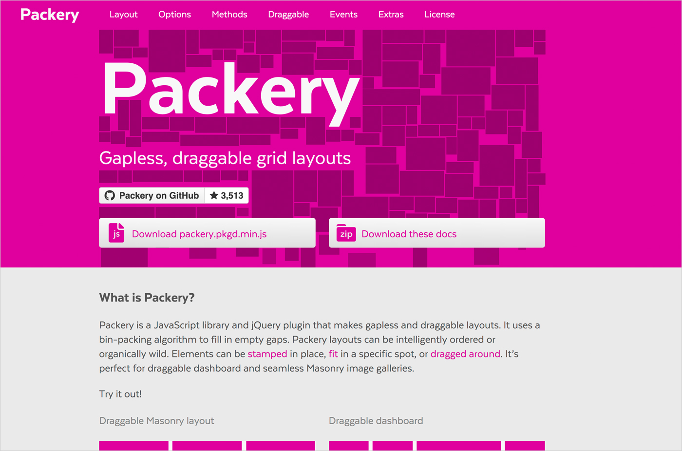 Packery / Gapless, draggable grid layoutsウェブサイトの画面キャプチャ画像