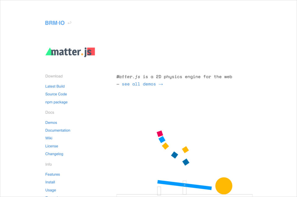 物理演算API「matter.js」ウェブサイトの画面キャプチャ画像