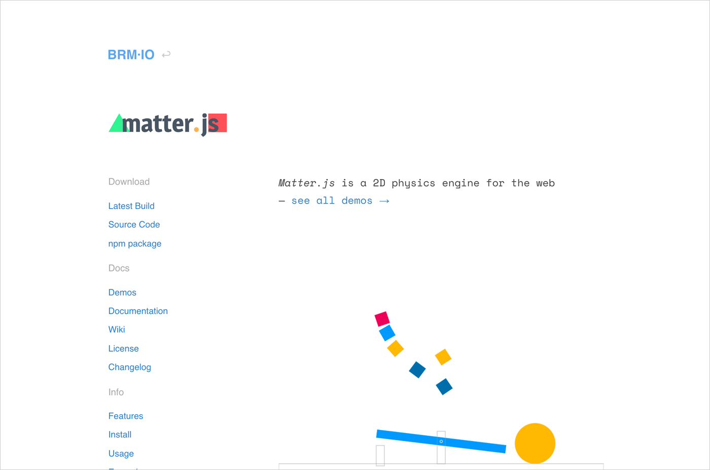 物理演算API「matter.js」ウェブサイトの画面キャプチャ画像