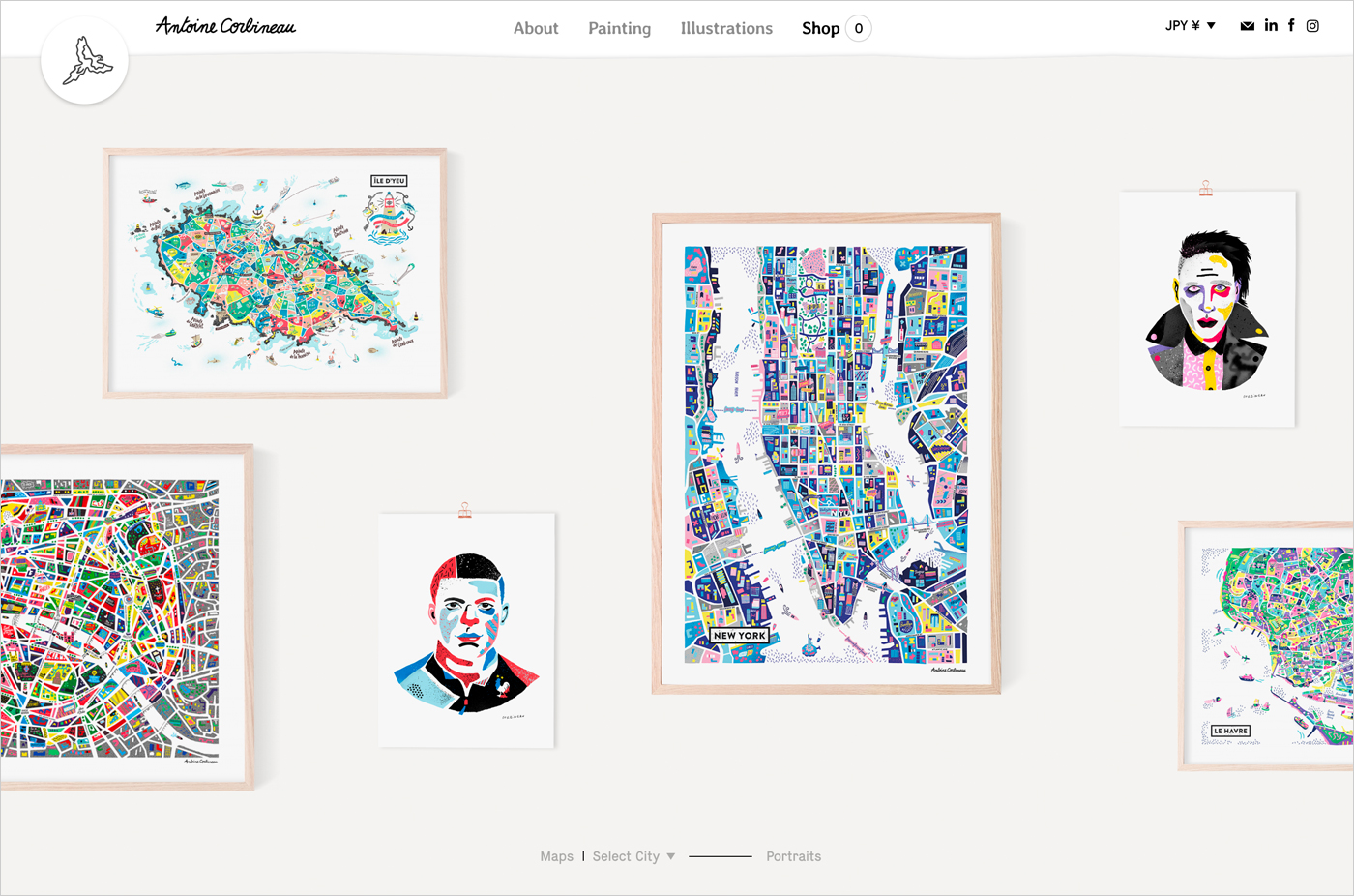 Illustrated maps and portraits by Antoine Corbineau — Life On Mapsウェブサイトの画面キャプチャ画像