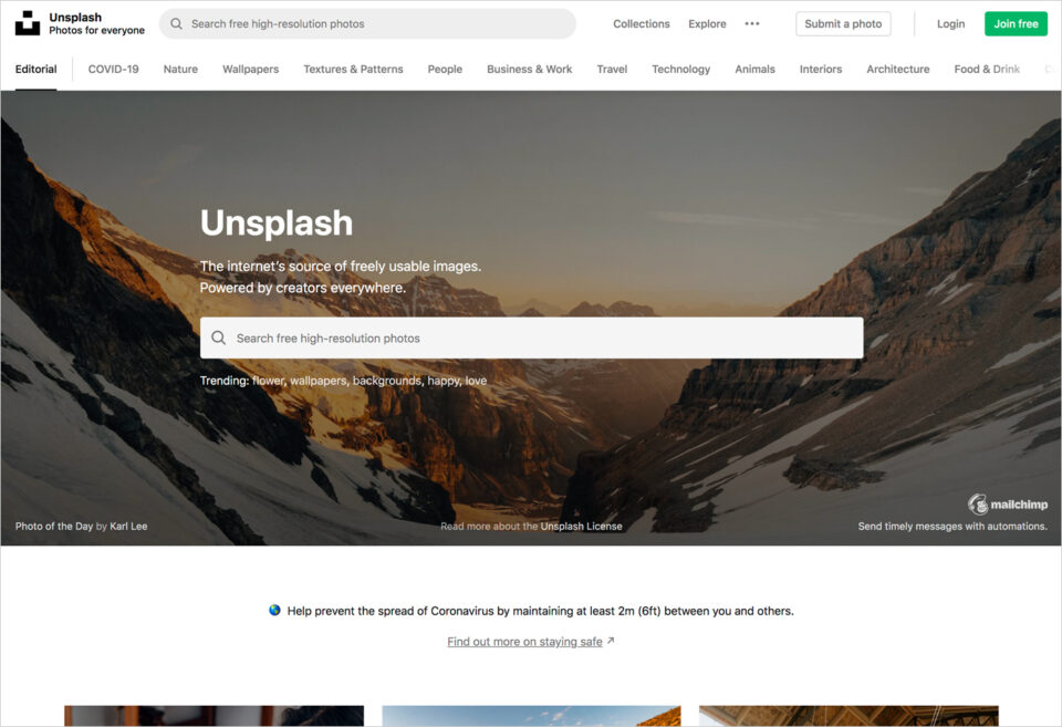 Unsplash / Photos for everyoneウェブサイトの画面キャプチャ画像
