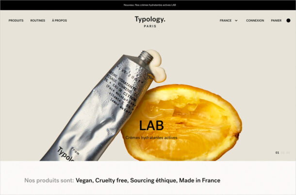 Typology.com: du soin de la peau vegan, éthique et efficaceウェブサイトの画面キャプチャ画像