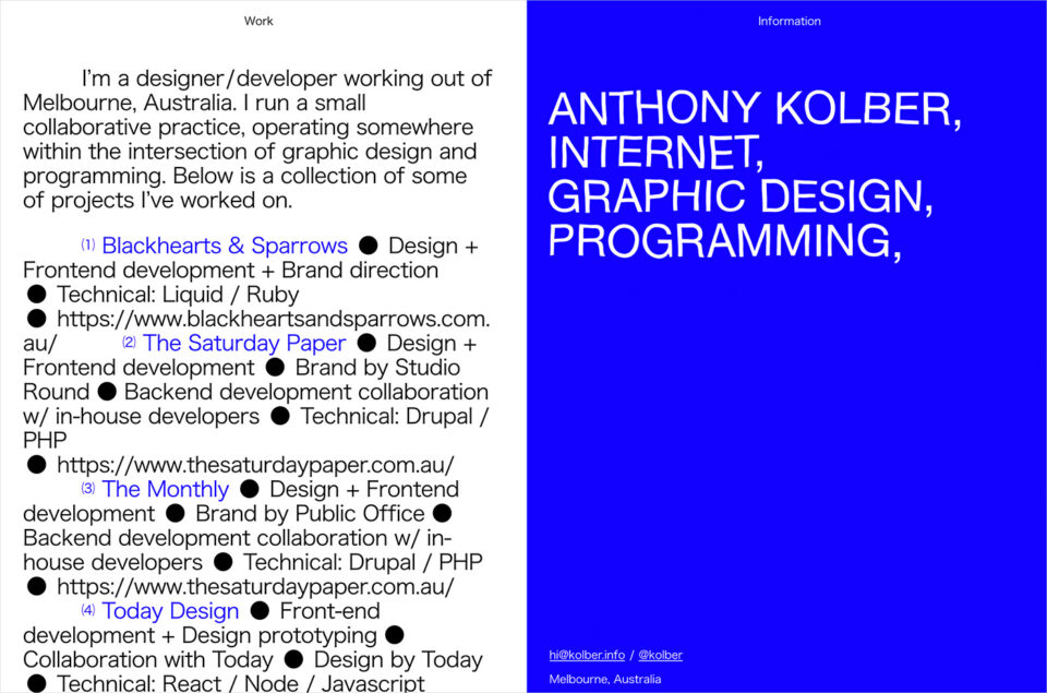 Anthony Kolber, Internet, Graphic Design, Programmingウェブサイトの画面キャプチャ画像