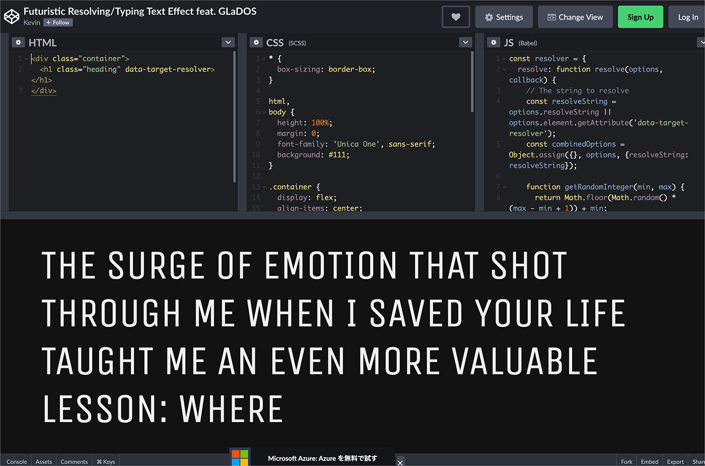 CodePen Home Futuristic Resolving/Typing Text Effect feat. GLaDOSウェブサイトの画面キャプチャ画像