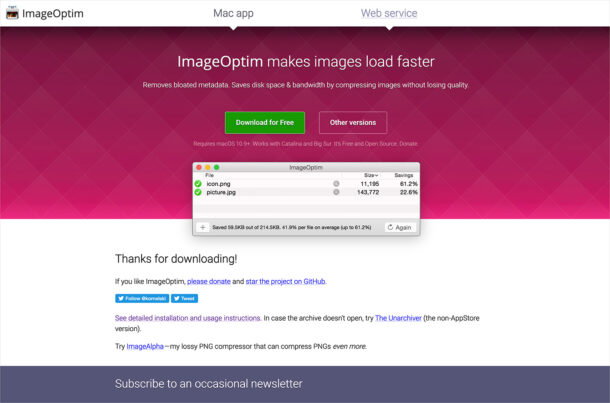 ImageOptim — better Save for Webウェブサイトの画面キャプチャ画像
