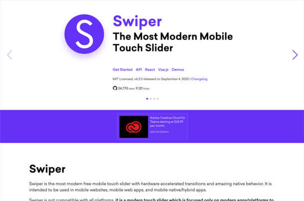 Swiper – The Most Modern Mobile Touch Sliderウェブサイトの画面キャプチャ画像
