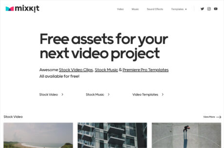 Mixkit – Awesome free assets for your next video projectウェブサイトの画面キャプチャ画像