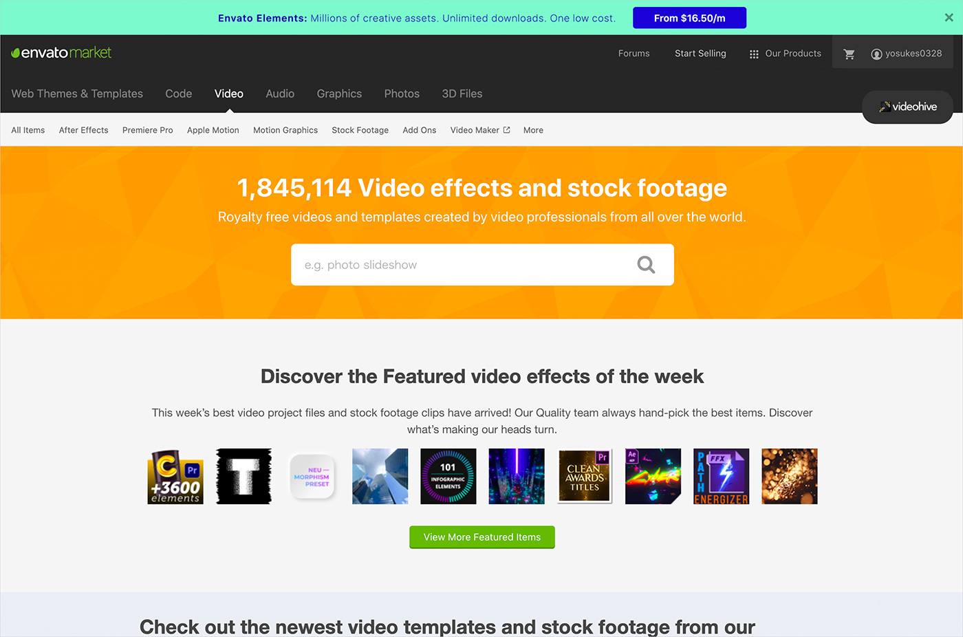 envato market | Video effects and stock footageウェブサイトの画面キャプチャ画像