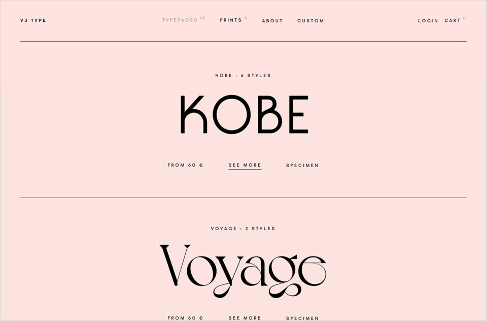 VJ Type Typefacesウェブサイトの画面キャプチャ画像