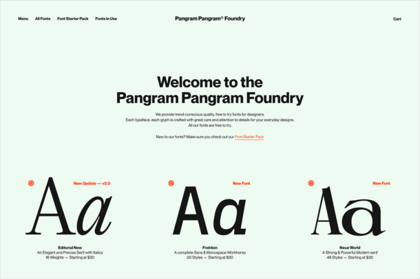 Pangram Pangram Foundry — Free to Try Quality Fonts and Typefacesウェブサイトの画面キャプチャ画像