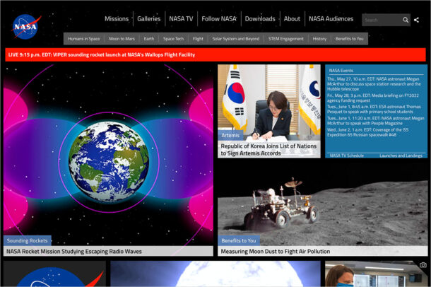 NASAウェブサイトの画面キャプチャ画像