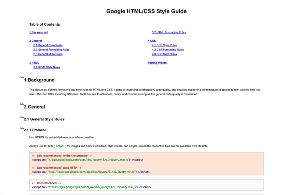 Google HTML / CSS Style Guideウェブサイトの画面キャプチャ画像