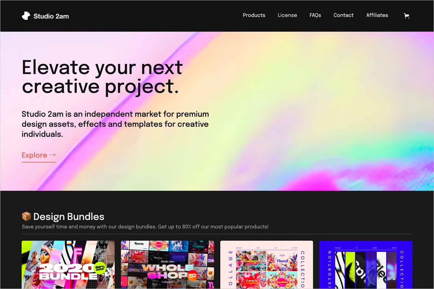 Studio 2am | Creative Assets, Effects, Templates, and Bundlesウェブサイトの画面キャプチャ画像