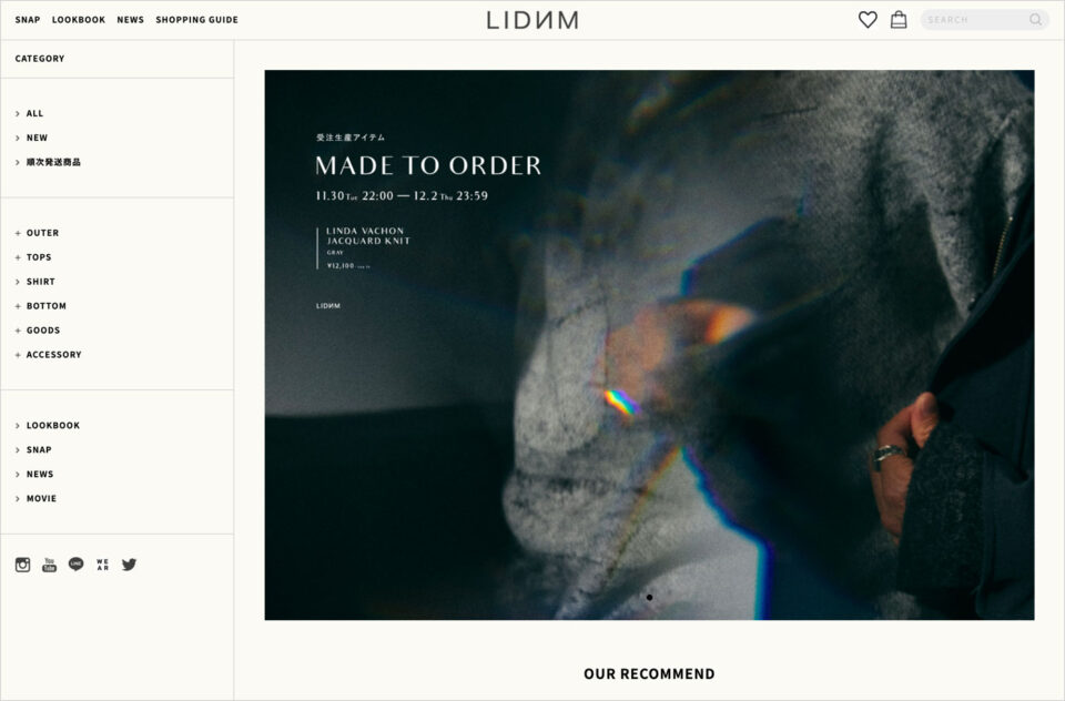 LIDNM(リドム) ONLINE STOREウェブサイトの画面キャプチャ画像