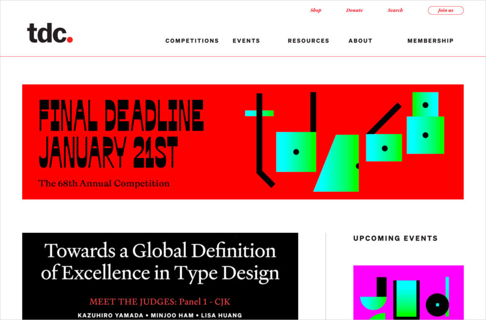 The Type Directors Club – Promoting excellence in typography for over 70 years.ウェブサイトの画面キャプチャ画像