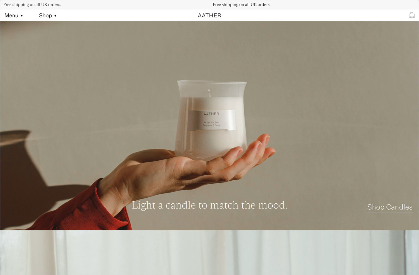 Luxury Scented Candles – AATHERウェブサイトの画面キャプチャ画像