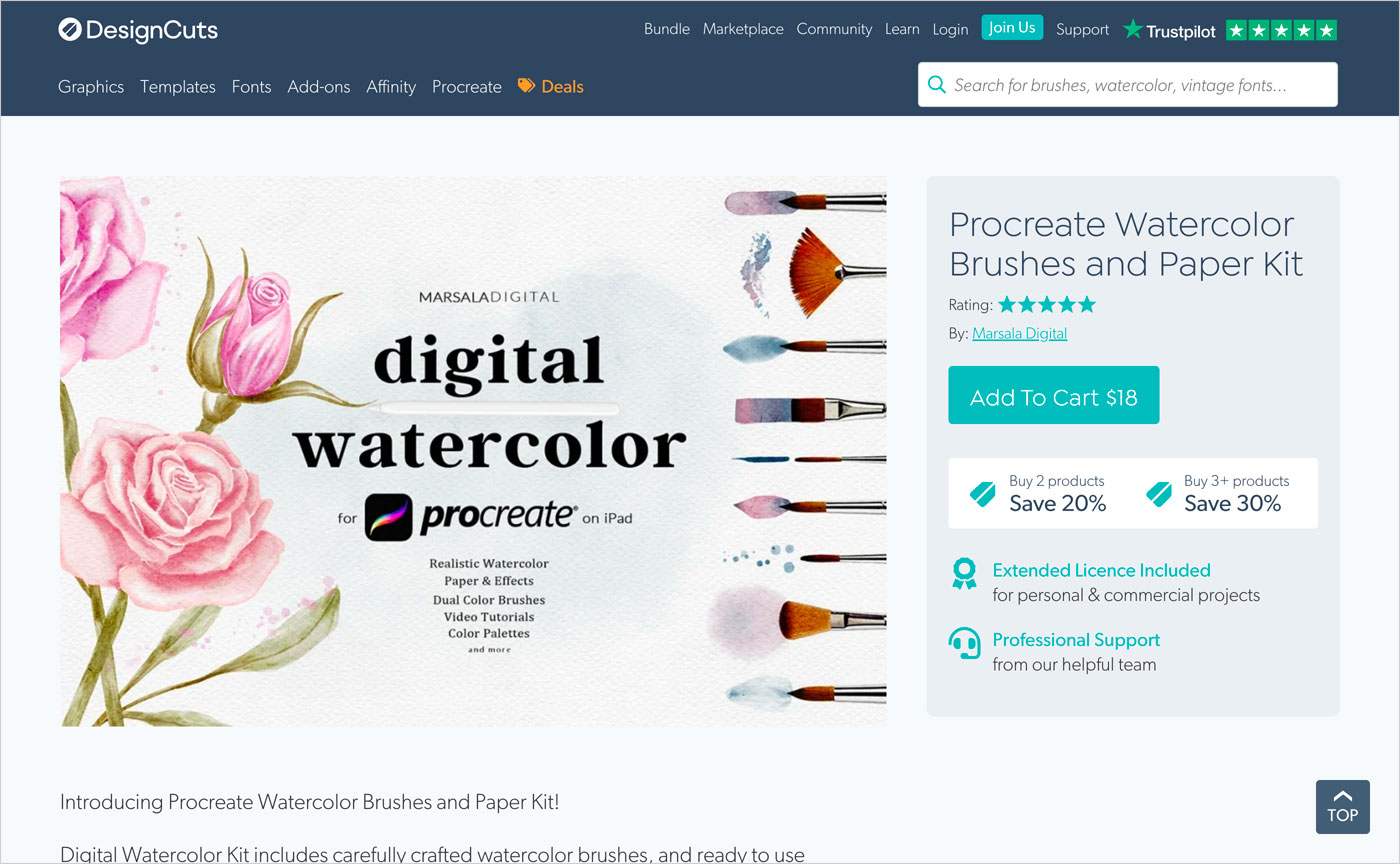 Procreate Watercolor Brushes and Paper Kitウェブサイトの画面キャプチャ画像