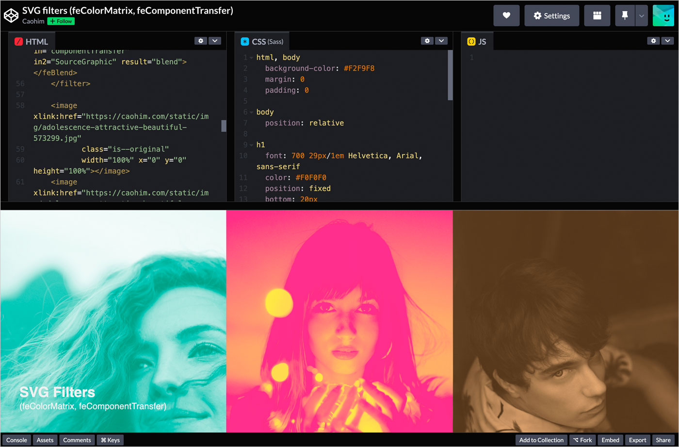 CodePen Home SVG filters (feColorMatrix, feComponentTransfer)ウェブサイトの画面キャプチャ画像