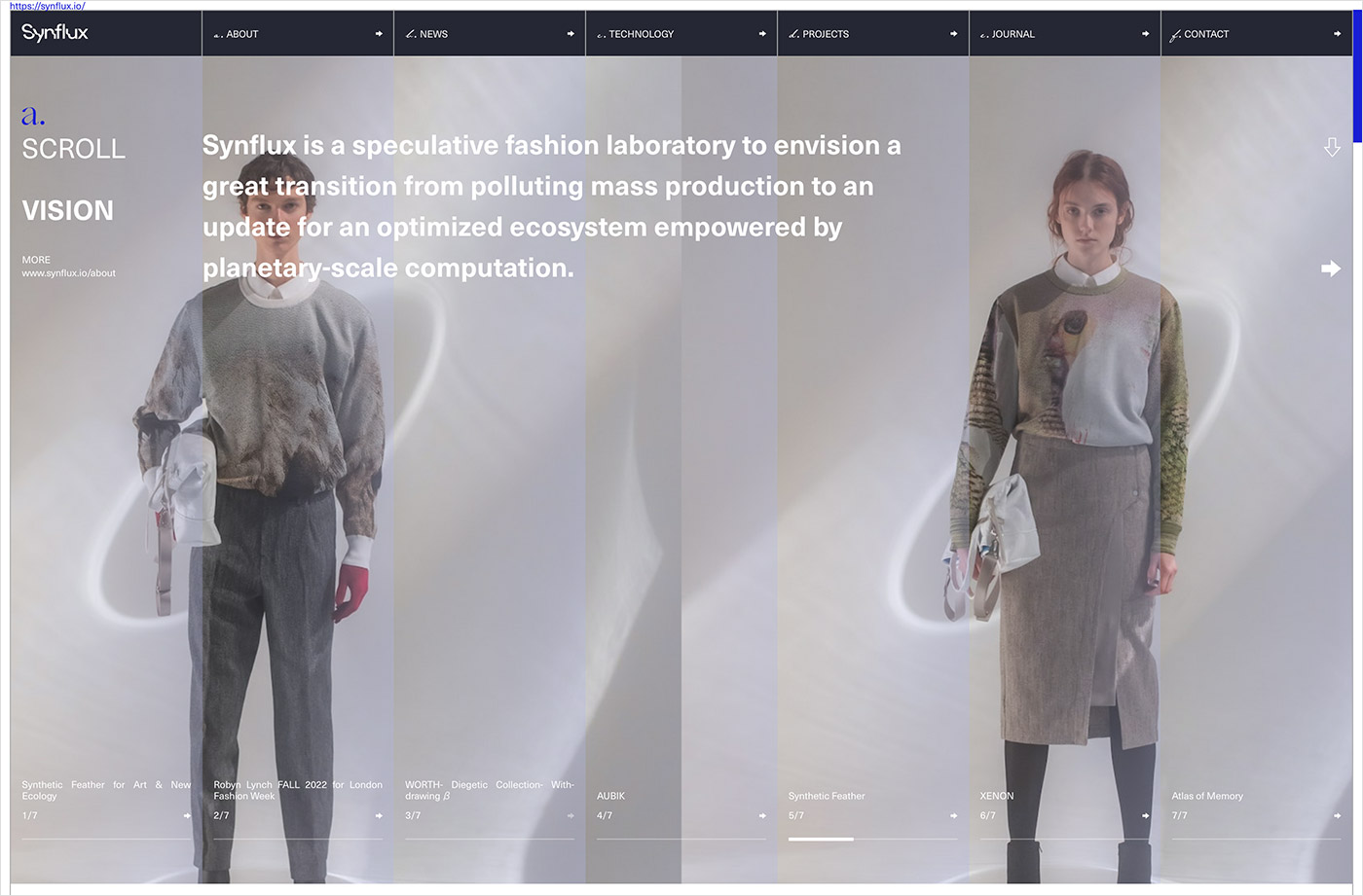Synflux – A Speculative Fashion Laboratory based in Tokyoウェブサイトの画面キャプチャ画像