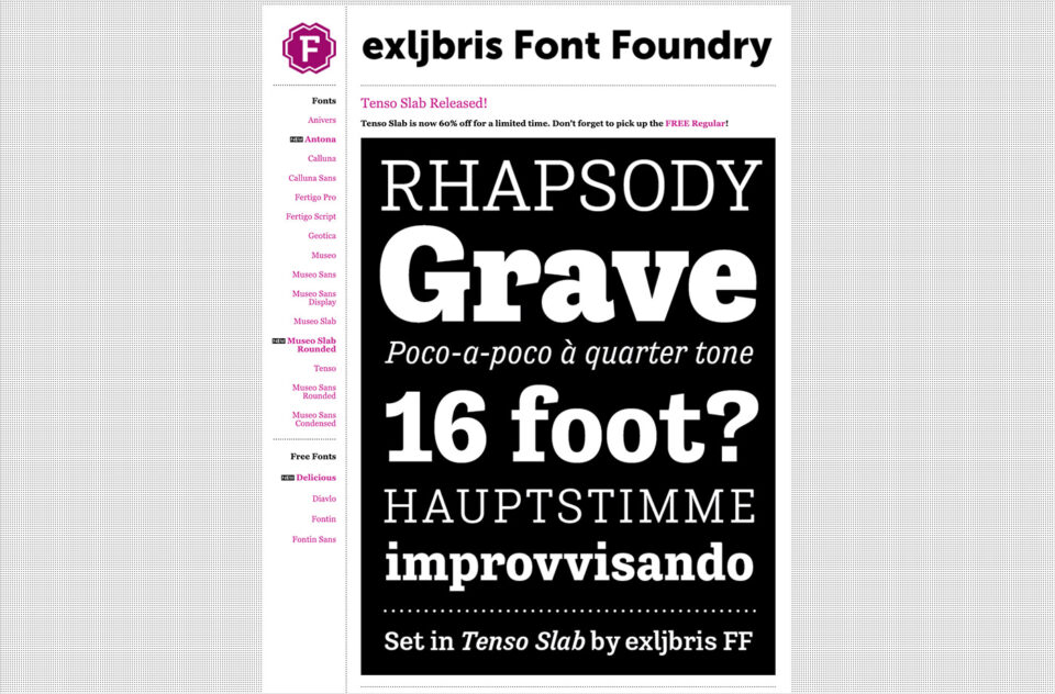 exljbris Font Foundryウェブサイトの画面キャプチャ画像