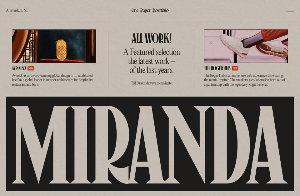 Miranda — Paper Portfolioウェブサイトの画面キャプチャ画像
