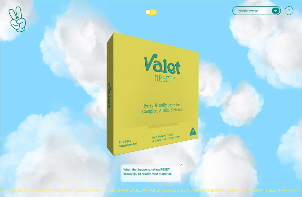 Valet: Mindful indulgence in your pocket.ウェブサイトの画面キャプチャ画像