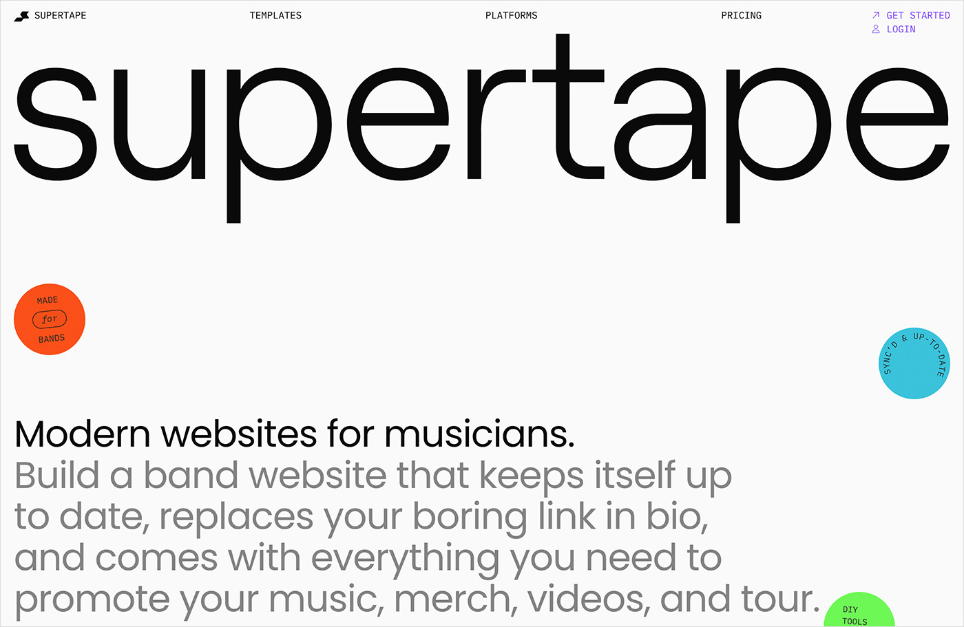 Musician Website Builder – Band Smart Link in Bio – Supertapeウェブサイトの画面キャプチャ画像