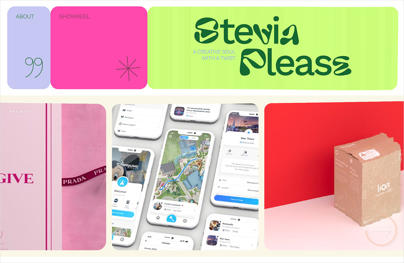 SteviaPlease → Freelance Motion Designer & Art Directorウェブサイトの画面キャプチャ画像