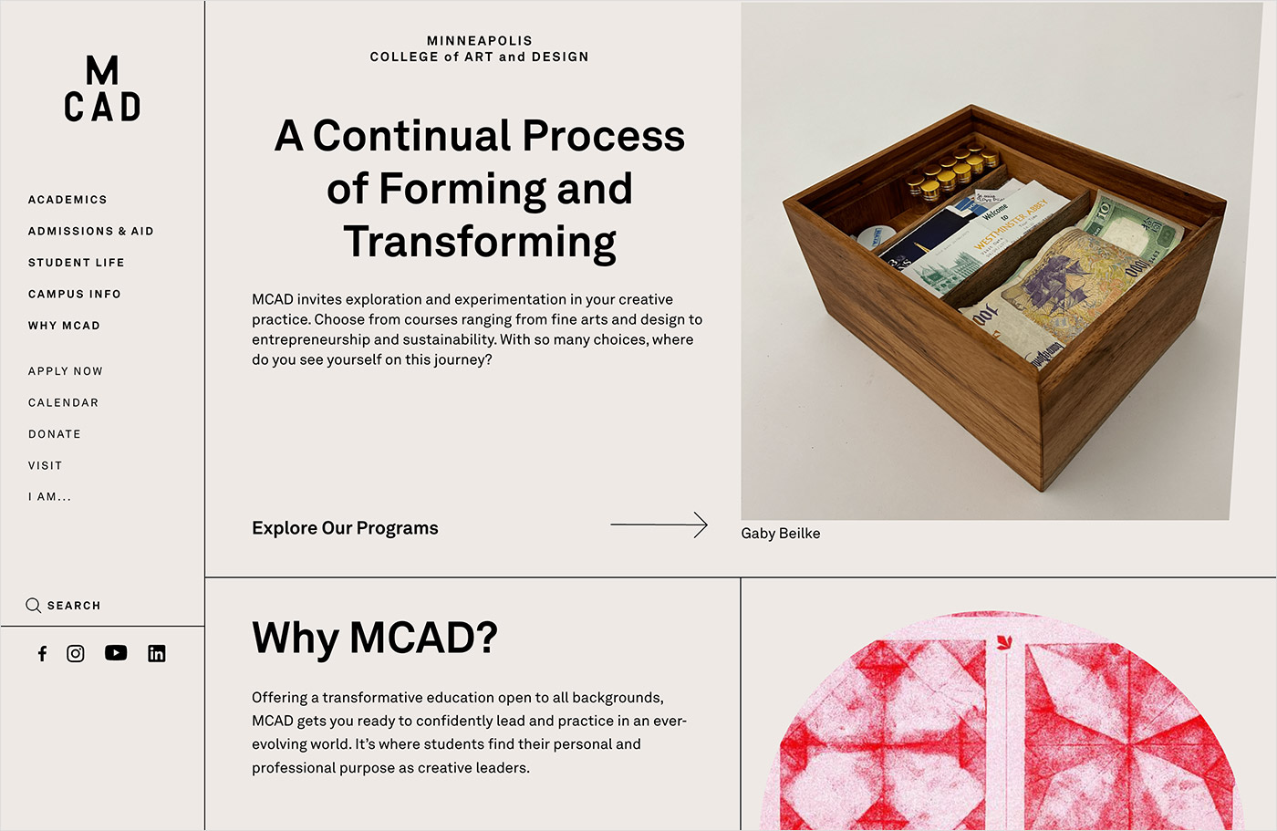 MCAD | Minneapolis College of Art and Designウェブサイトの画面キャプチャ画像