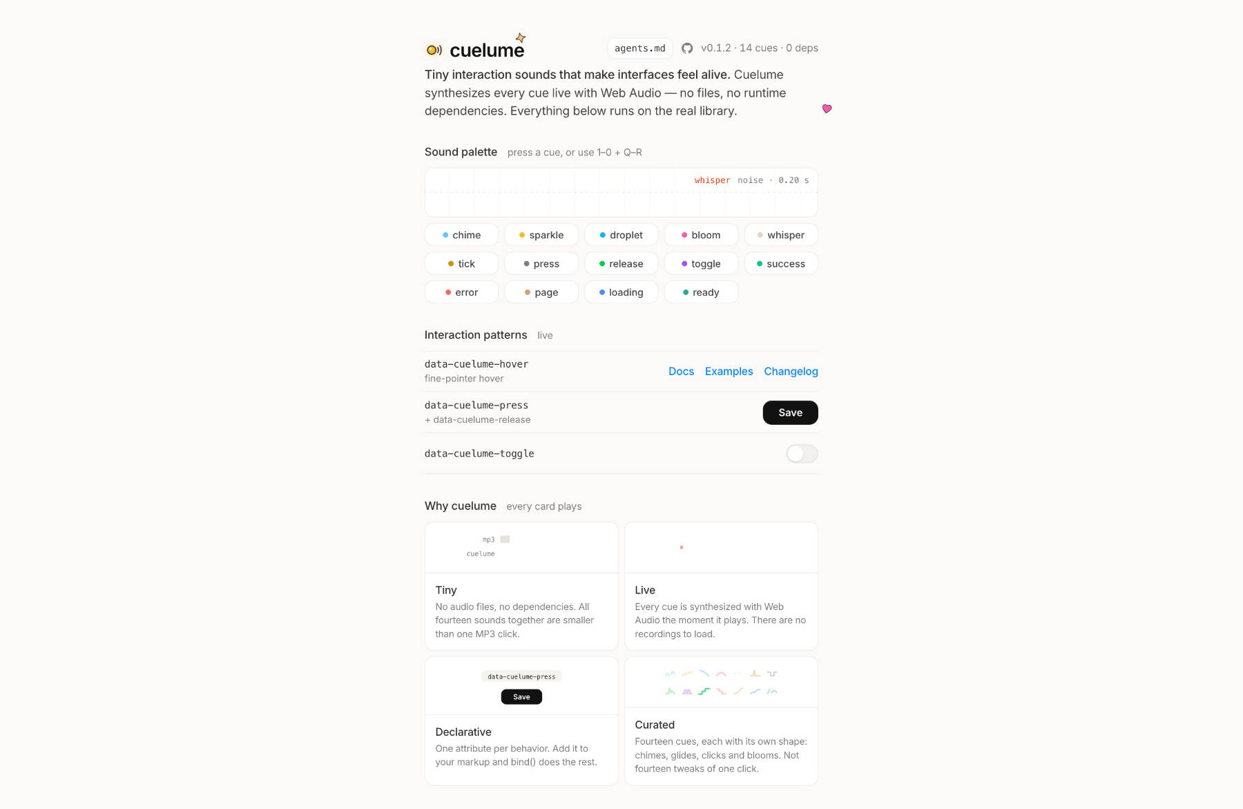 Cuelume — interaction sounds for the webウェブサイトの画面キャプチャ画像
